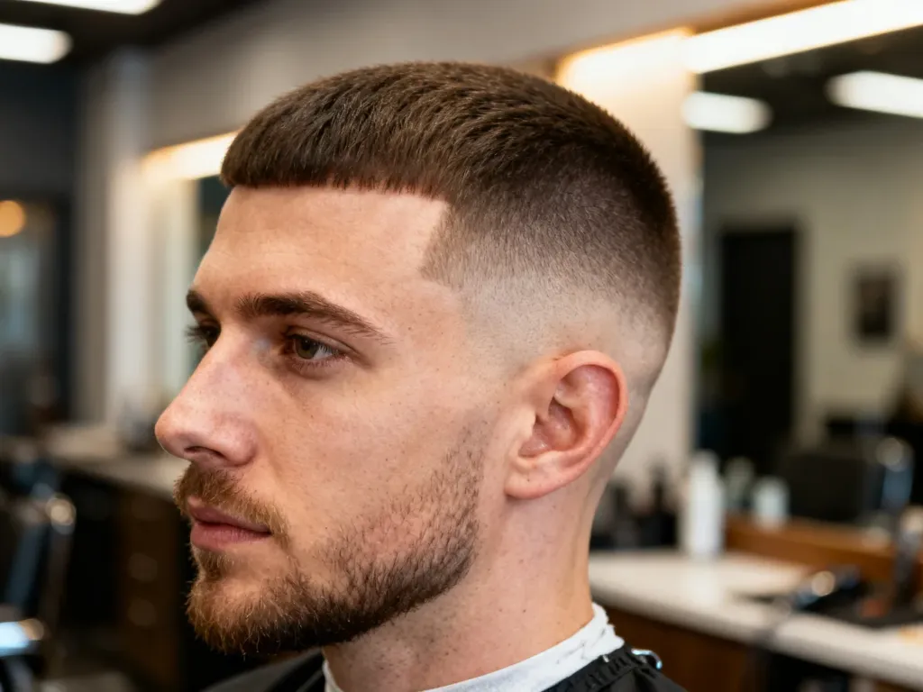 Mężczyzna z precyzyjnie wykonaną fryzurą typu low fade w nowoczesnym salonie fryzjerskim.
