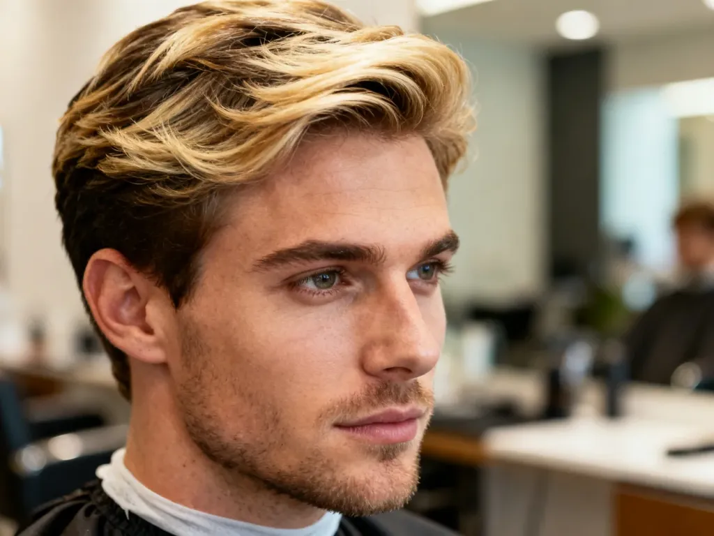 Mężczyzna z modnymi blond pasemkami w teksturowanej fryzurze, prezentujący profesjonalną stylizację włosów w salonie.