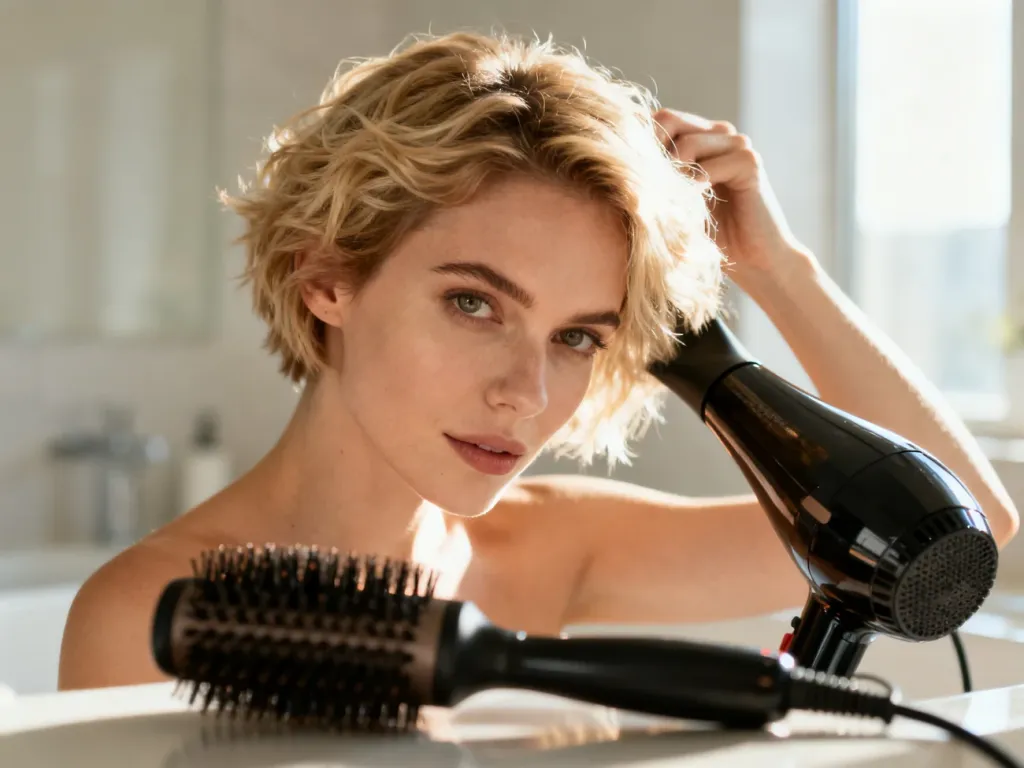 Kobieta stylizująca krótkie, blond włosy za pomocą suszarki i okrągłej szczotki w jasnej łazience.