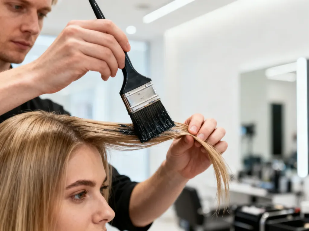 Fryzjer nakłada farbę na pasma włosów klientki w nowoczesnym salonie fryzjerskim.