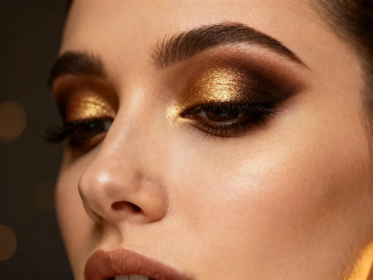 Wieczorowy makijaż smokey eye w odcieniach brązu ze złotym połyskiem