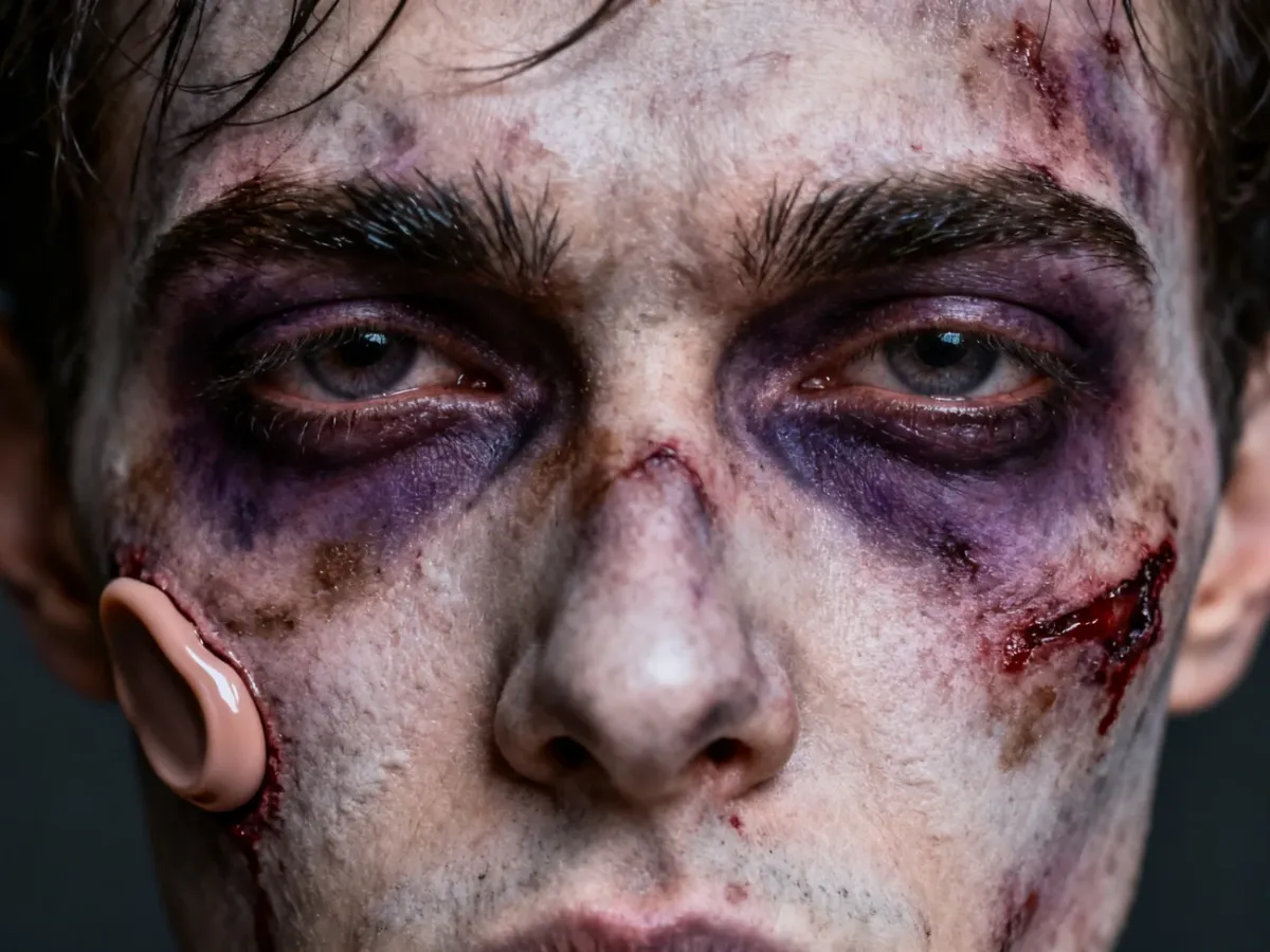 Modelka z pełnym makijażem zombie i sztuczną raną na policzku