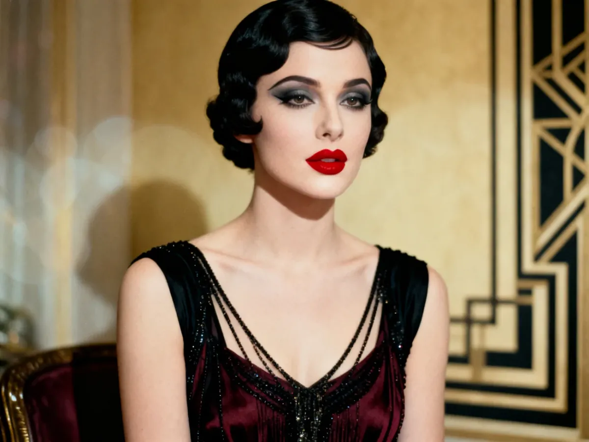 Makijaż flapper girl z jasną cerą, ciemnymi oczami i wiśniowymi ustami
