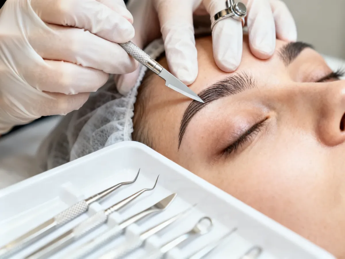 Linergistka wykonująca microblading ręcznym ostrzem