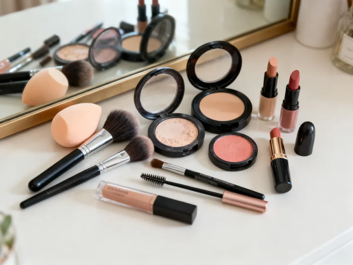 Clean makeup tools and cosmetics arranged on a bright vanity