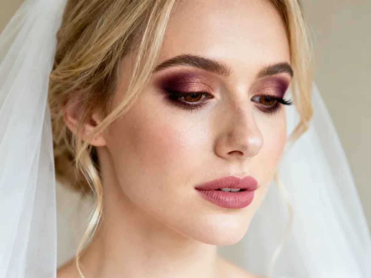 Blondynka w delikatnym brązowo-śliwkowym makijażu smoky eyes