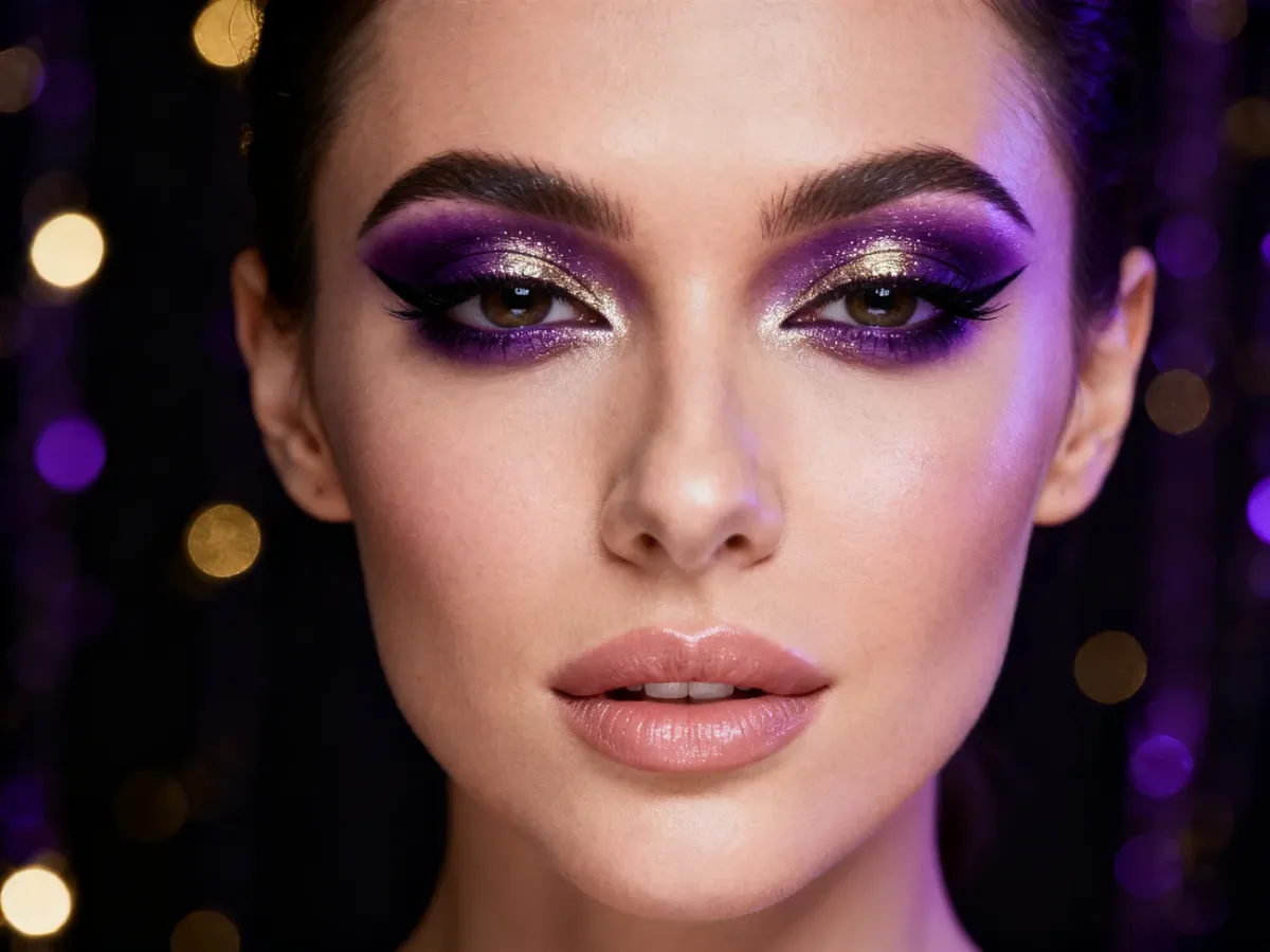 Gotowy wieczorowy makijaż andrzejkowy z fioletowym smoky eye