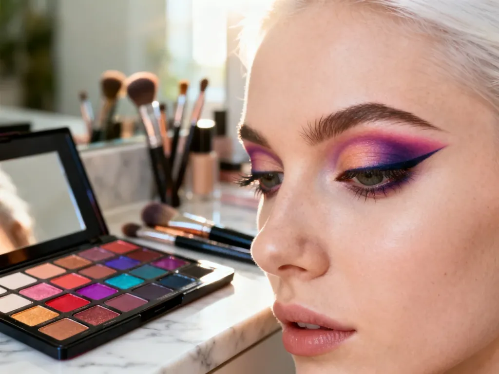 Profesjonalny makijaż typu cut crease z wyraźną linią załamania powieki oraz paleta cieni i pędzle na marmurowym blacie.