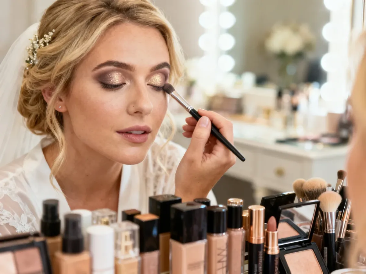 Blondynka wykonująca delikatny makijaż oczu w odcieniach taupe i szampana