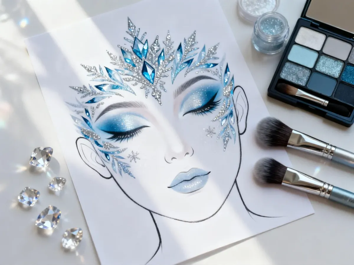 Face chart z projektem makijażu Królowej Śniegu i akcesoriami do makijażu