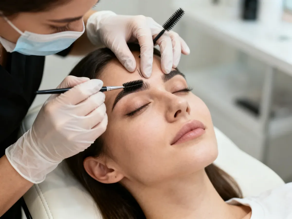 Stylistka wykonująca laminację brwi w salonie kosmetycznym