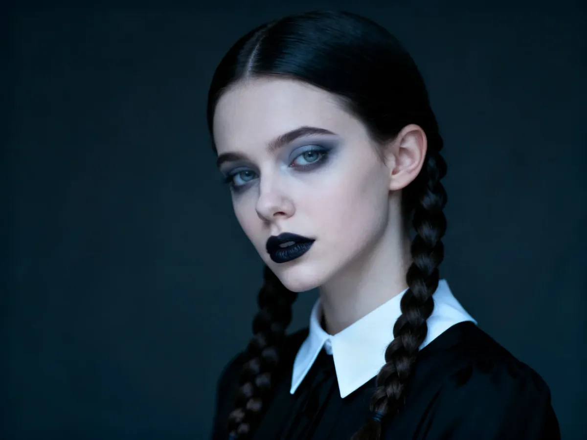 Stylizacja inspirowana Wednesday z dwoma warkoczami, czarną sukienką i gotyckim makijażem