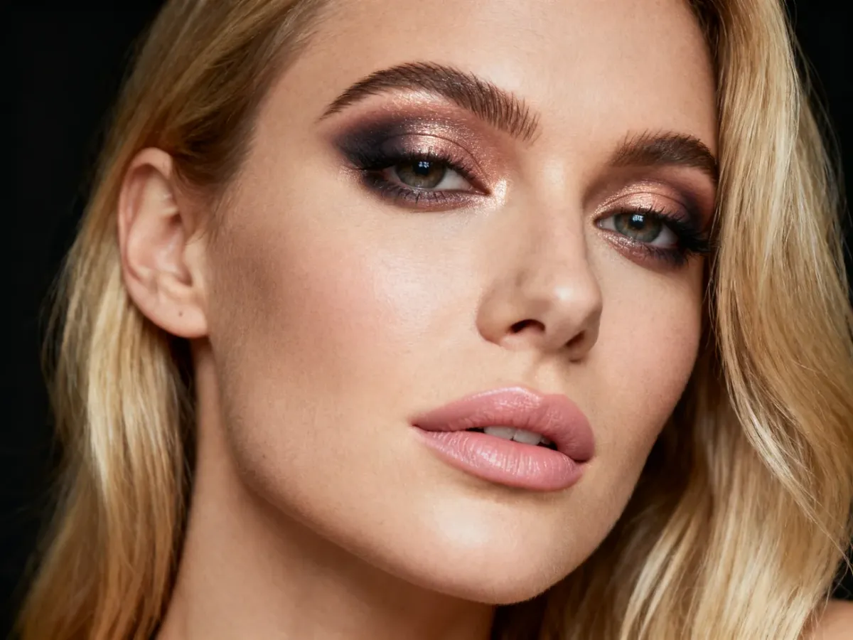 Blondynka w eleganckim makijażu wieczorowym z delikatnymi ustami
