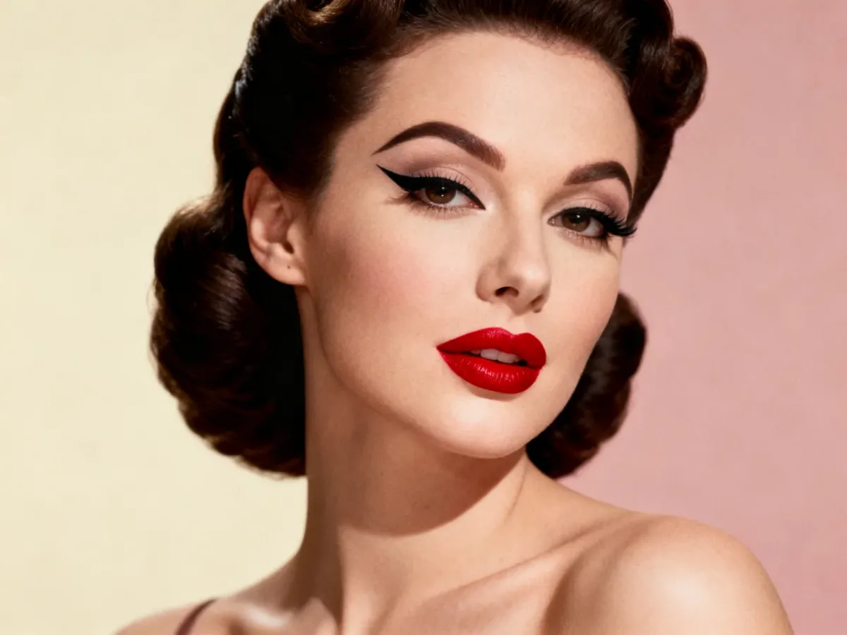 Kobieta w klasycznym makijażu pin-up z kocią kreską i czerwonymi ustami