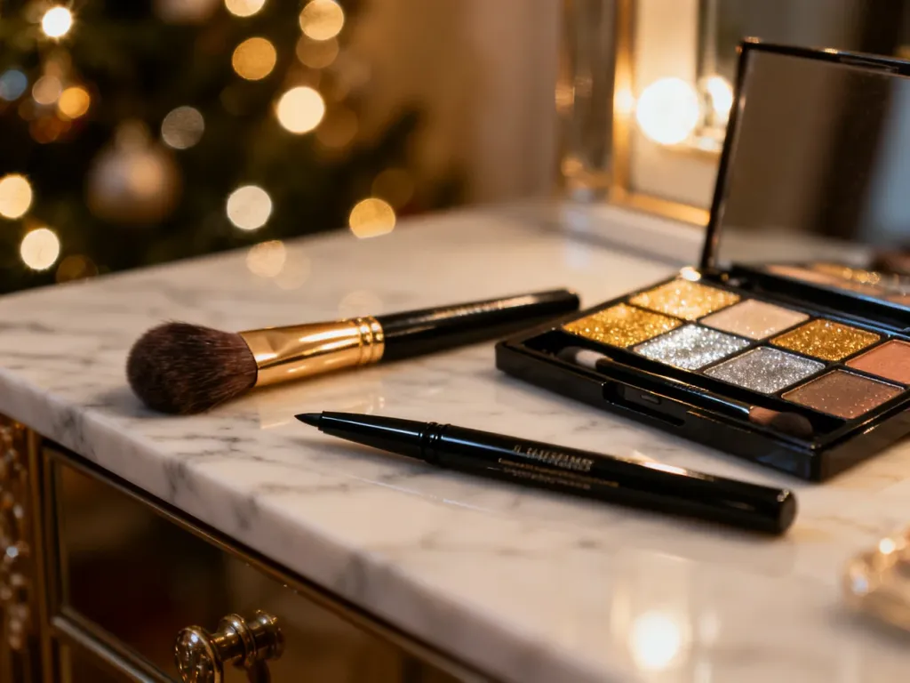 Zestaw profesjonalnych pędzli, paleta błyszczących cieni i eyeliner na marmurowym blacie w świątecznym klimacie.
