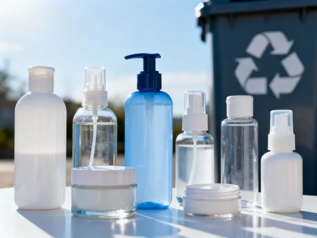 Puste opakowania po kosmetykach ze szkła i plastiku przygotowane do segregacji zgodnie z zasadami recyklingu.