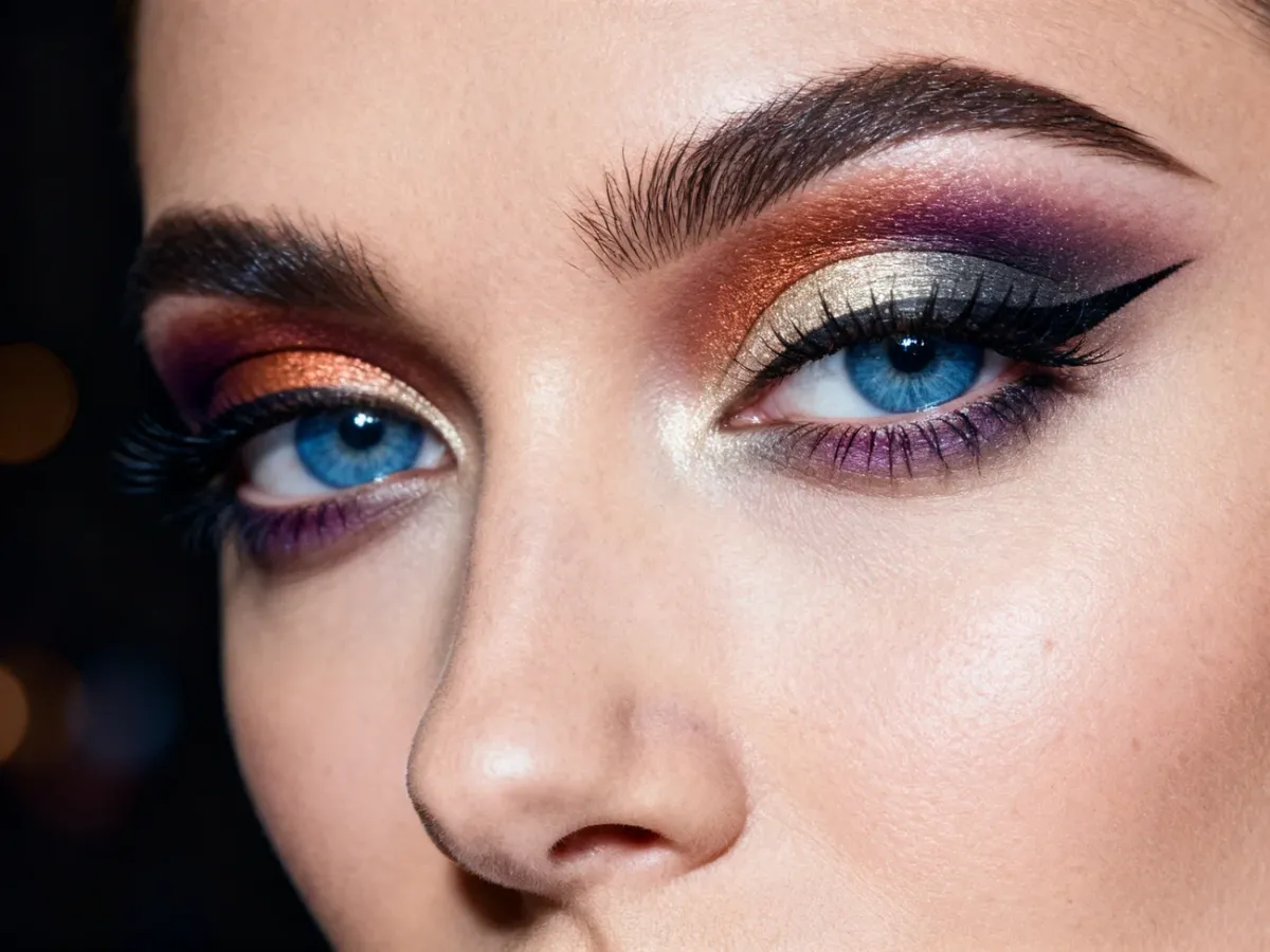 Wieczorowy makijaż niebieskich oczu z miedzianym cieniem i śliwkowym smokey eyes