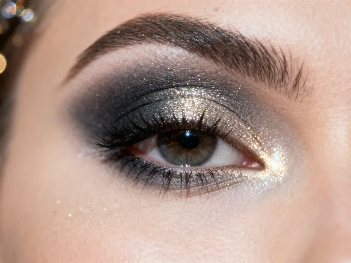 Starannie roztarte smoky eye z połyskującym pigmentem