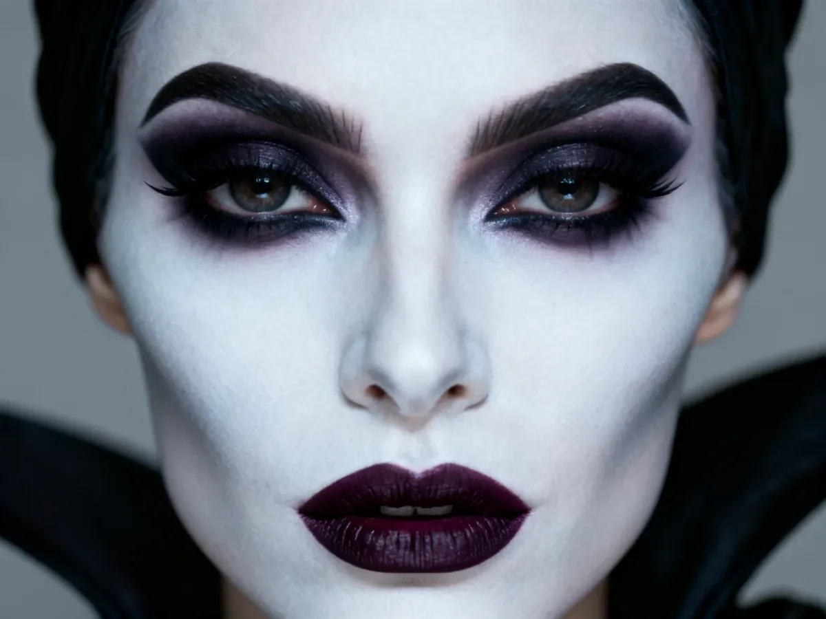 Makijaż czarownicy z mocno rozjaśnioną cerą, ciemnym smokey eye i śliwkowymi ustami