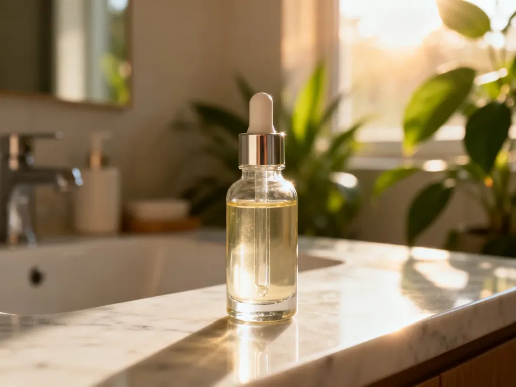 Szklana butelka serum nawilżającego na marmurowym blacie w jasnej, estetycznej łazience z roślinami.