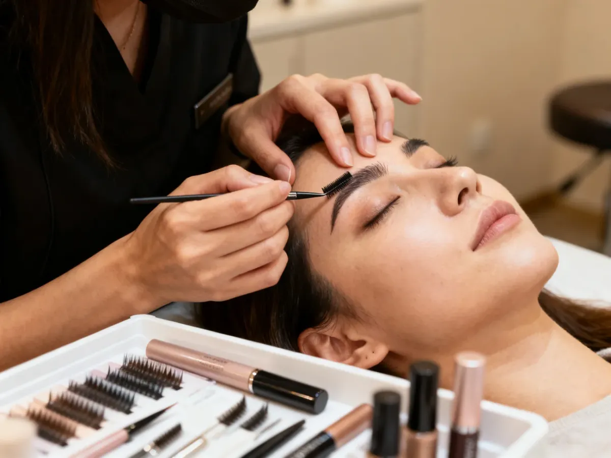 Stylistka wykonująca laminację i regulację brwi w salonie kosmetycznym