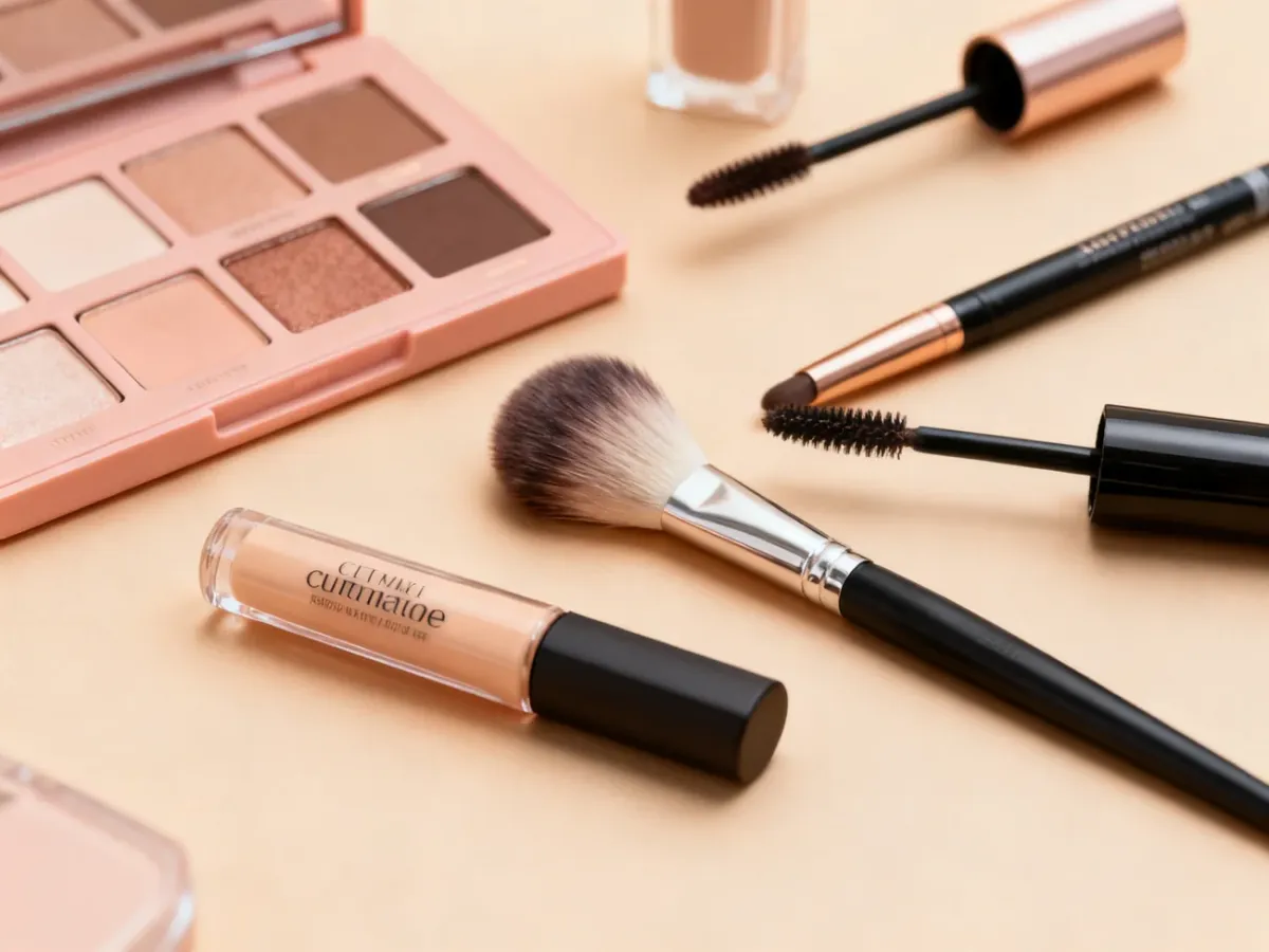 Kosmetyki i pędzle przygotowane do wykonania makijażu cut crease