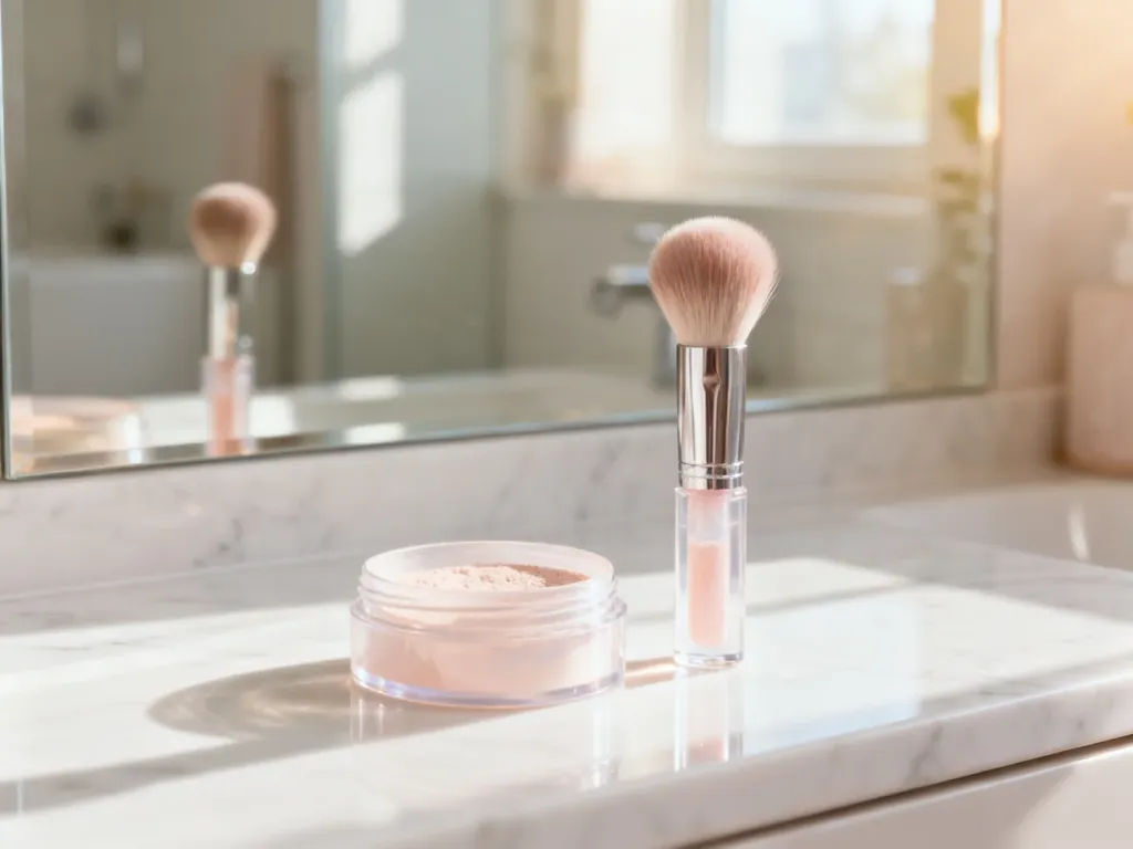 Minimalistyczny zestaw kosmetyków do makijażu typu make-up no make-up na marmurowym blacie w słonecznej łazience.