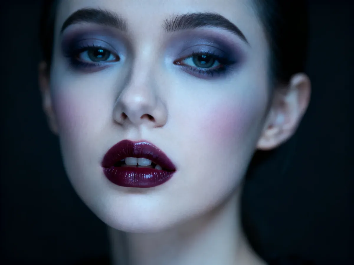 Makijaż soft goth z chłodnym konturowaniem i rozmytymi ustami w kolorze burgundu