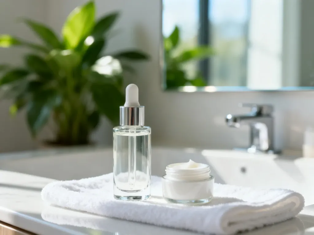 Eleganckie opakowania serum i kremu pod oczy na białym ręczniku w jasnej, minimalistycznej łazience.