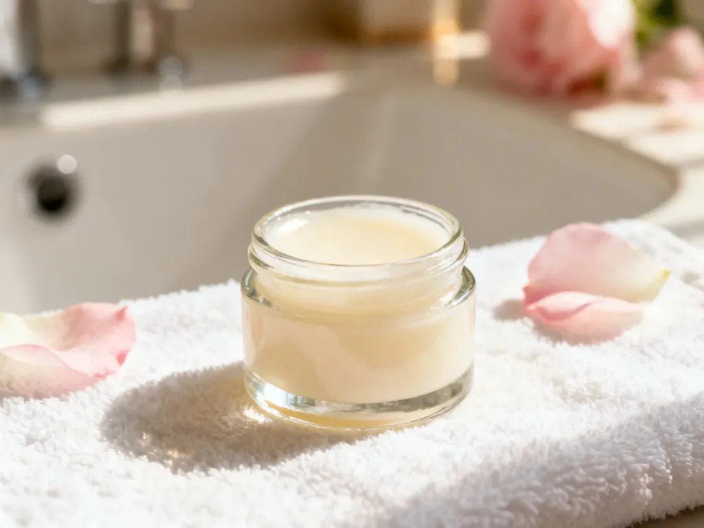 Słoiczek z naturalnym balsamem do ust na białym ręczniku, podkreślający pielęgnację po makijażu permanentnym.