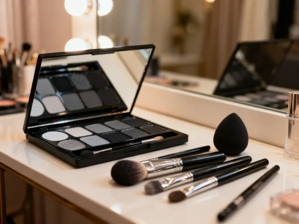 Paleta cieni do powiek w odcieniach czerni i szarości oraz zestaw profesjonalnych pędzli do makijażu smoky eyes.