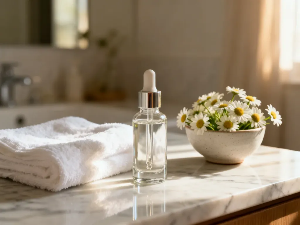 Elegancka buteleczka serum, biały ręcznik i rumianek na marmurowym blacie, tworzące atmosferę relaksującej pielęgnacji twarzy.