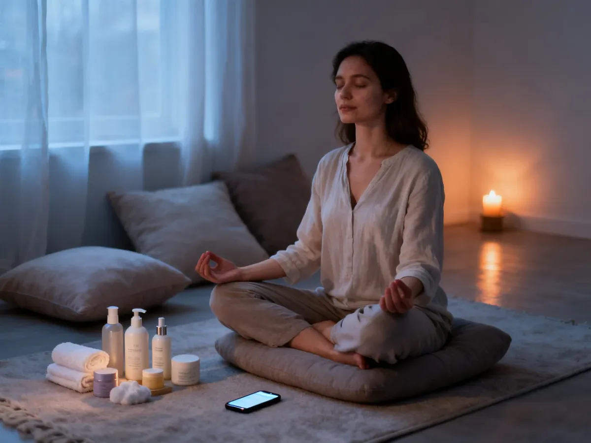 Kobieta medytująca w domu podczas spokojnego rytuału self-care
