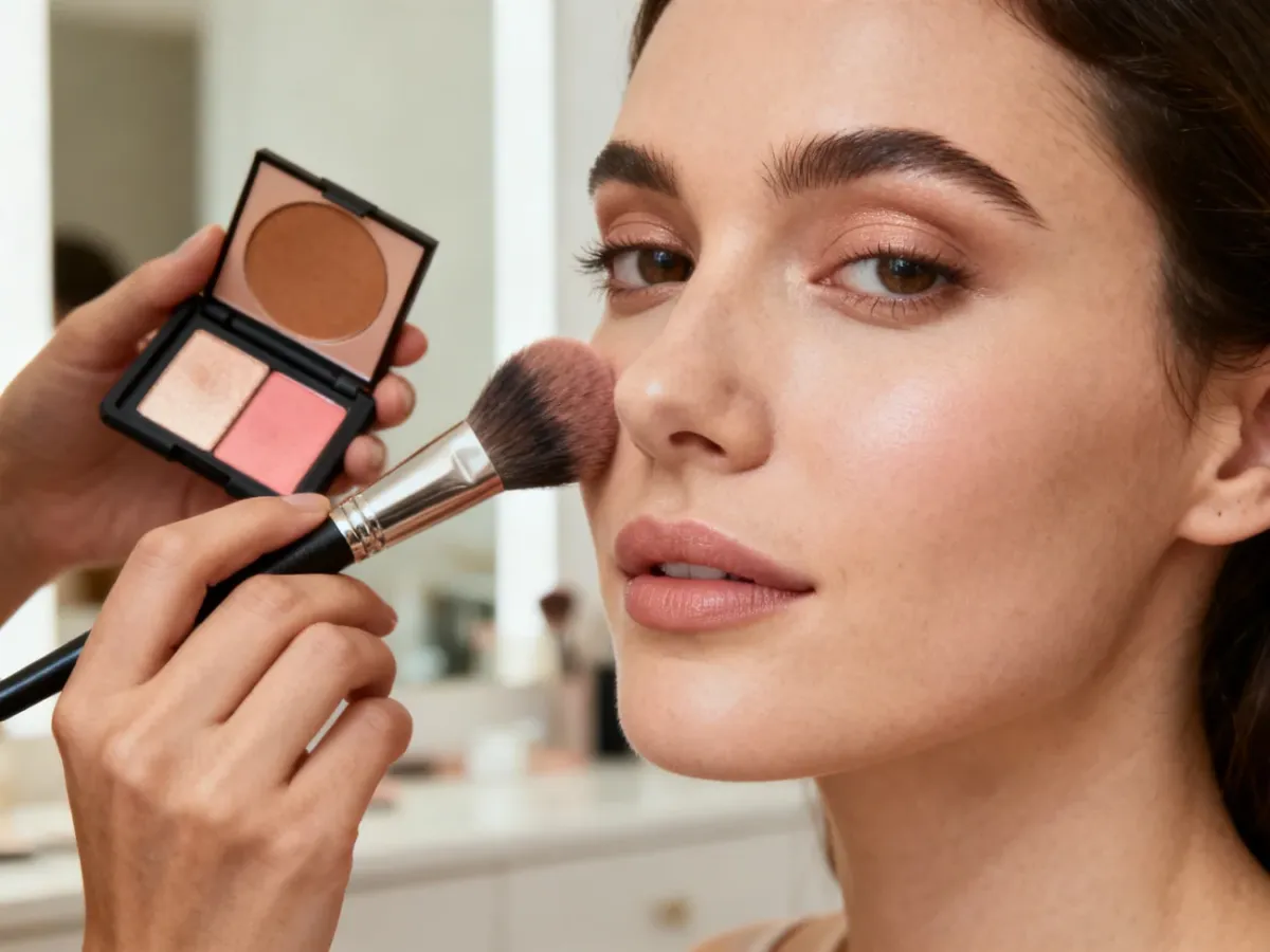 A makeup artist applying bronzer, blush, and highlighter to a set complexion