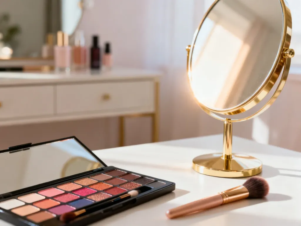 Profesjonalne stanowisko do makijażu z paletą cieni i pędzlami, przygotowane do wykonania techniki cut crease.
