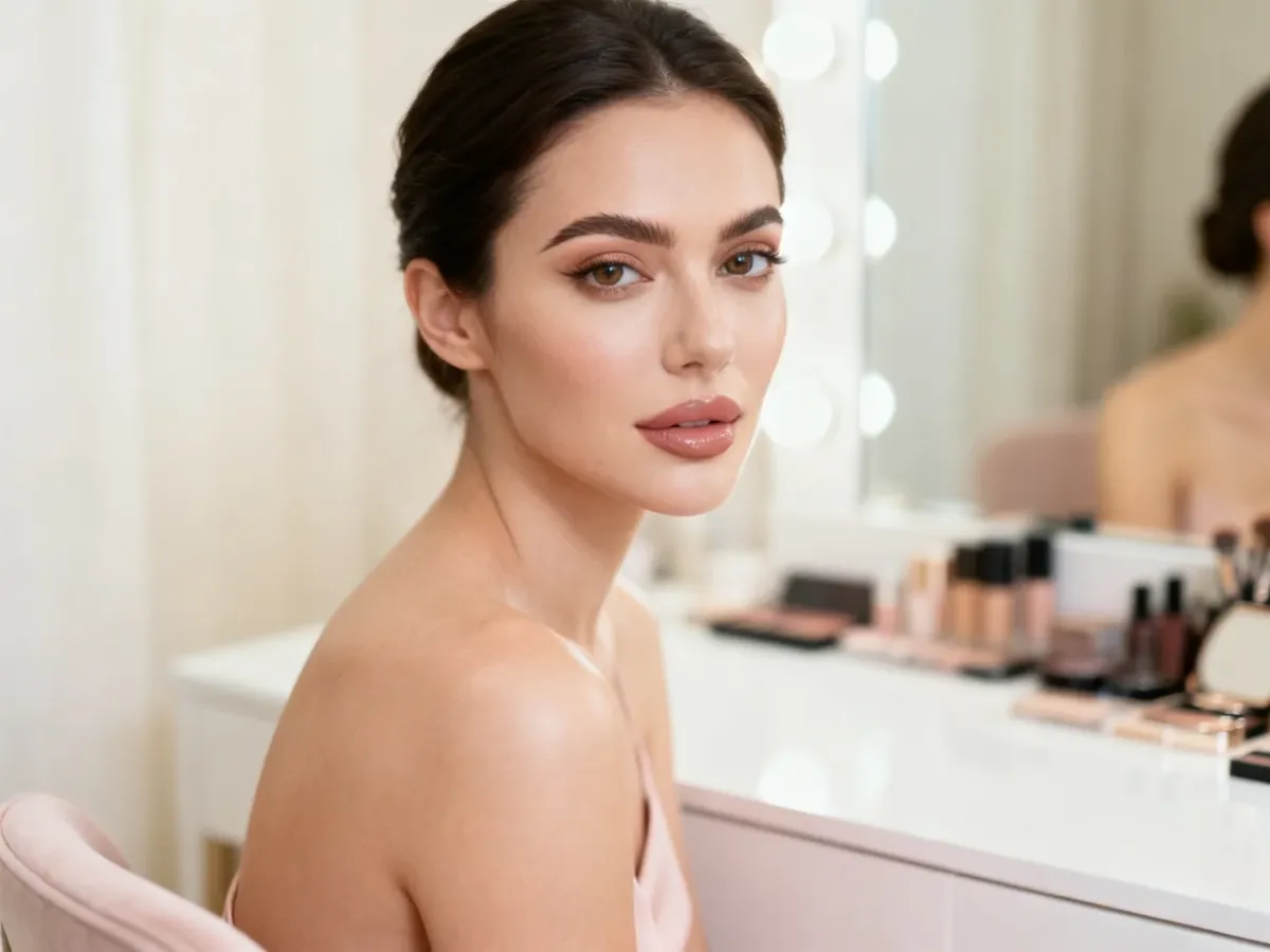 Woman with a finished natural makeup look at a vanity
