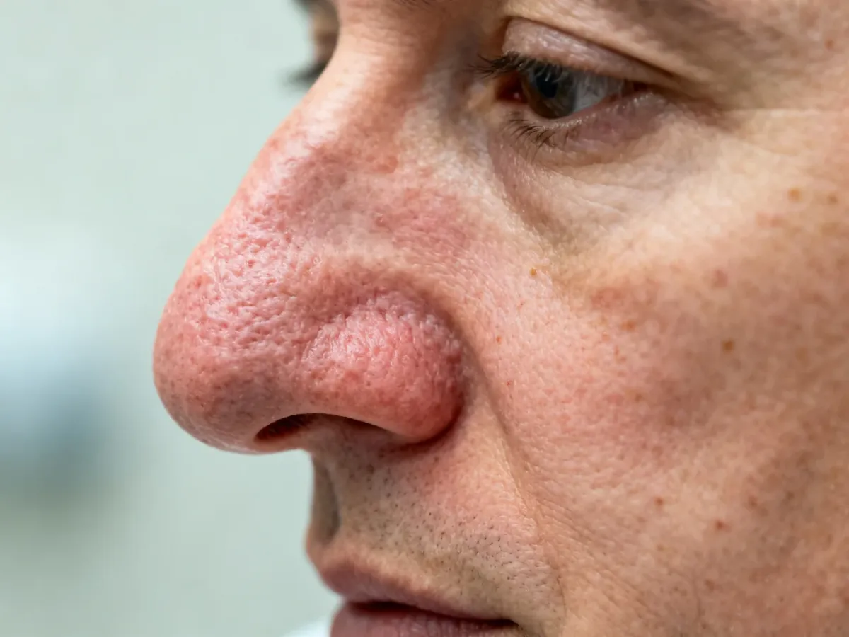 Zbliżenie nosa z zaawansowaną rhinophymą, rumieniem i widocznymi naczynkami