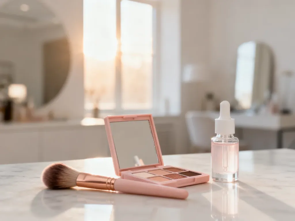 Zestaw profesjonalnych pędzli, paleta cieni i serum na marmurowym blacie w jasnym, słonecznym studio.
