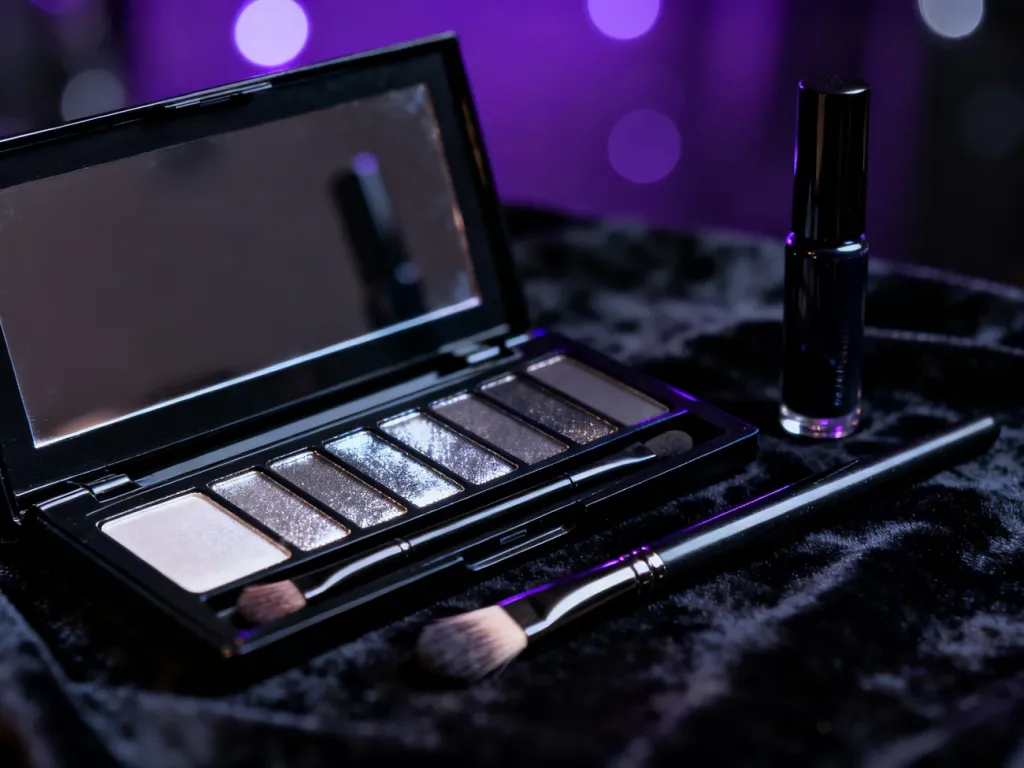 Profesjonalne kosmetyki do makijażu typu smokey eye: paleta cieni, pędzel i eyeliner na czarnym, aksamitnym tle.