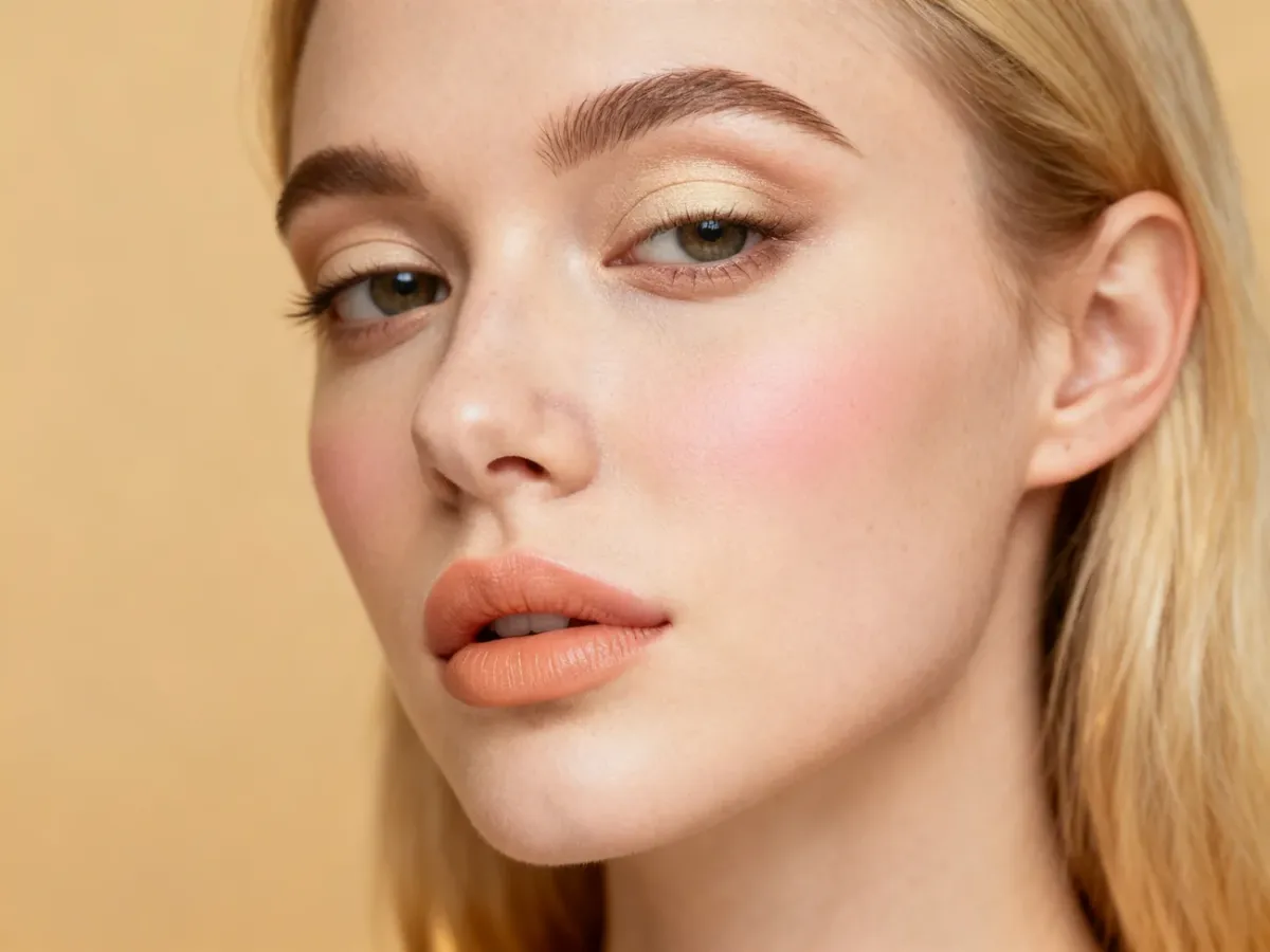 Blondynka o jasnej cerze w harmonijnym, naturalnym makijażu
