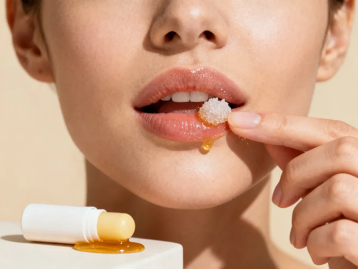 Delikatny peeling ust z użyciem cukru i miodu oraz balsamu
