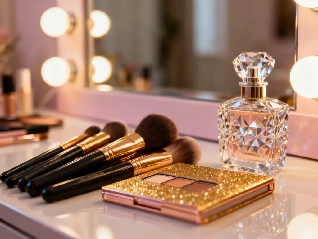 Elegancki zestaw pędzli, paleta złotych cieni i perfumy na toaletce z oświetleniem, tworzące atmosferę przygotowań do balu.