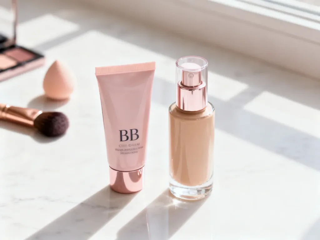 Tubka kremu BB oraz szklana buteleczka podkładu na marmurowym blacie, zestawione w celu porównania obu produktów kosmetycznych.
