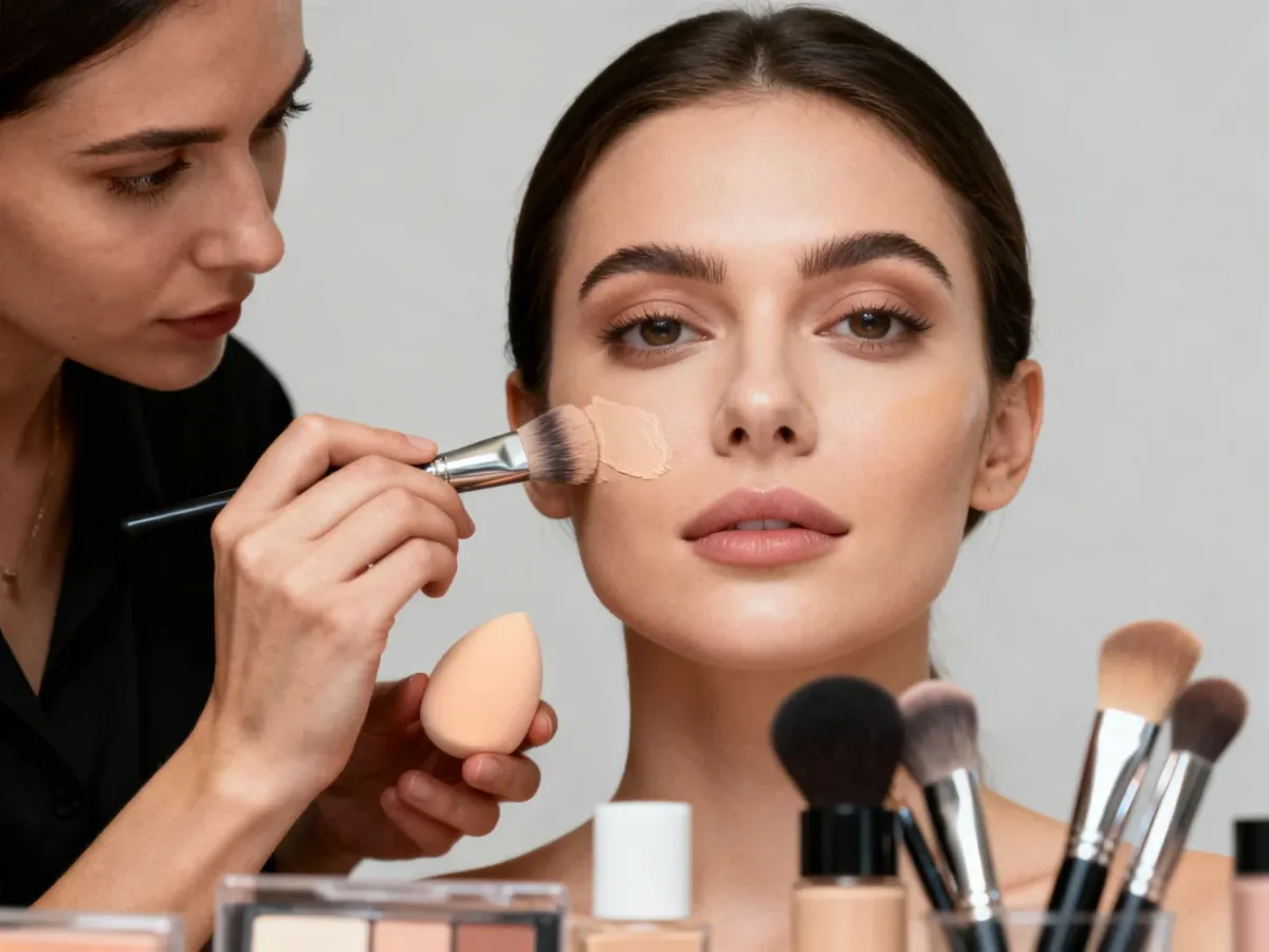 Wizażystka aplikuje podkład i konturuje twarz modelki w studio