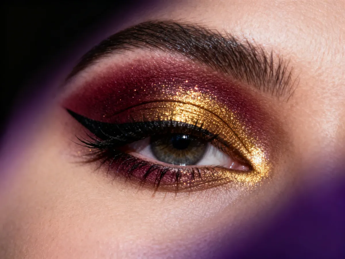 Wieczorowy cut crease z intensywnymi cieniami i połyskiem