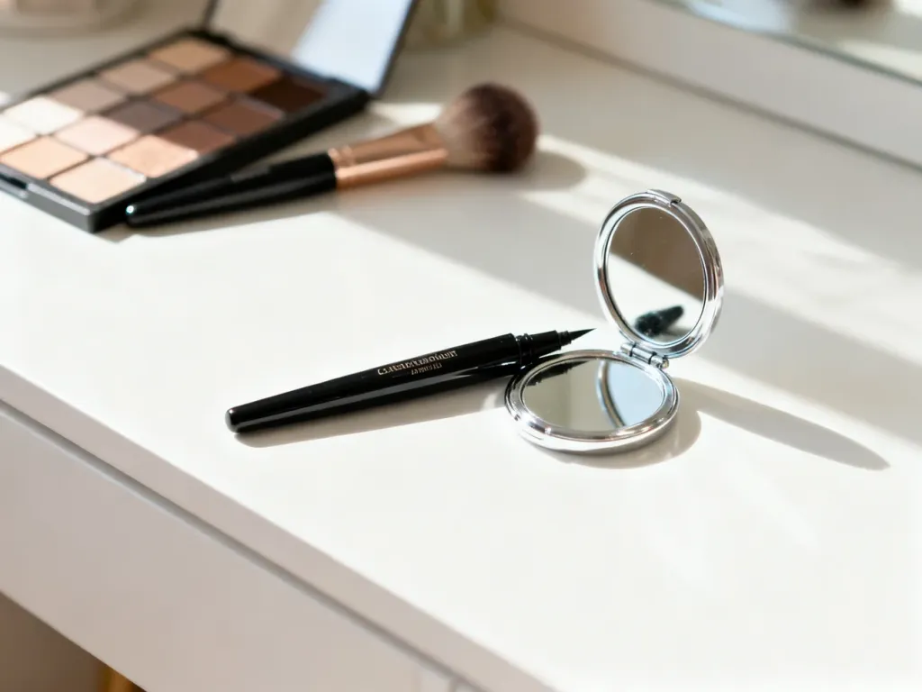 Profesjonalny eyeliner w płynie i lusterko na toaletce, gotowe do wykonania precyzyjnej kreski na oku.