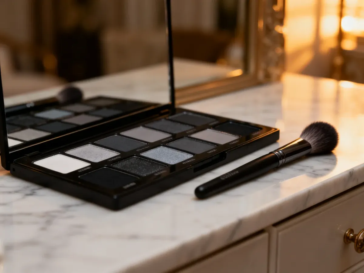 Paleta cieni do powiek w odcieniach czerni i szarości wraz z profesjonalnymi pędzlami do makijażu smoky eyes.