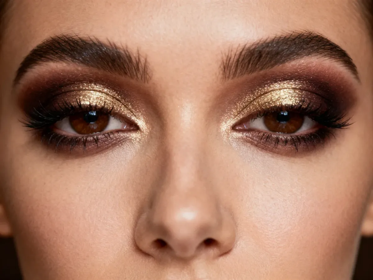 Wieczorowy makijaż smokey eye z brązowymi i złotymi cieniami