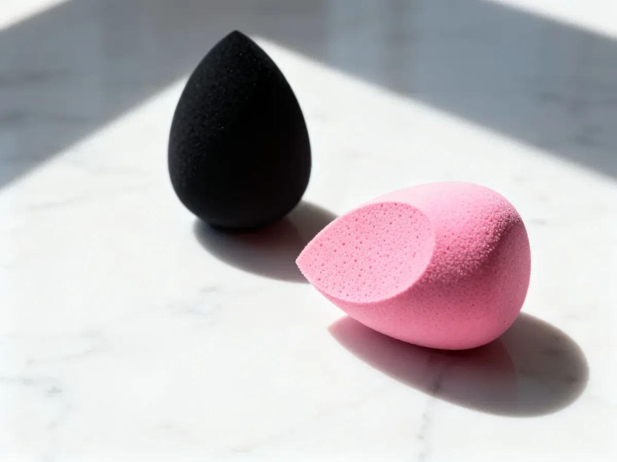 Czarna i różowa gąbka Beautyblender na marmurowym blacie, prezentujące różnice w teksturze i przeznaczeniu produktów.