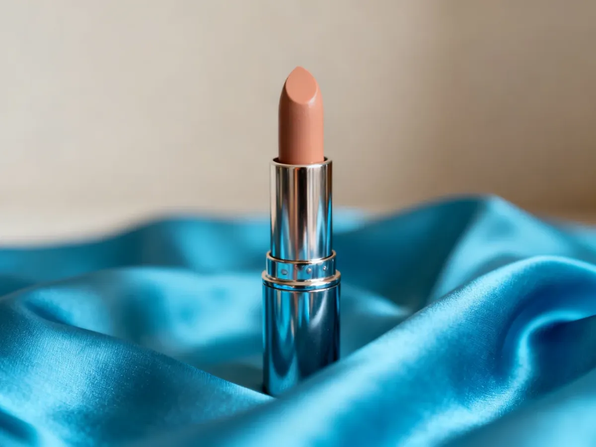 Elegancka szminka w odcieniu nude położona na chabrowym jedwabiu, idealnie pasująca do stylizacji z niebieską sukienką.